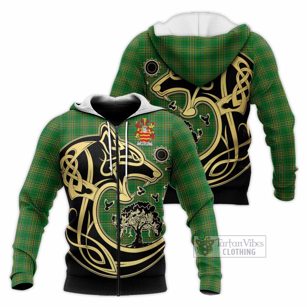 Tartan Vibes Clothing Ballet Irish Tartan Knitted Hoodie with Coat of Arms Celtic Wolf Style