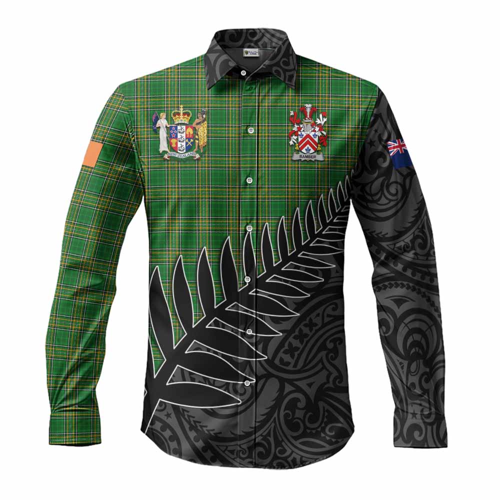 Tartan Vibes Clothing Bamber Irish Clan Tartan Long Sleeve Button Shirt with Coat of Arms New Zealand Silver Fern Half Style