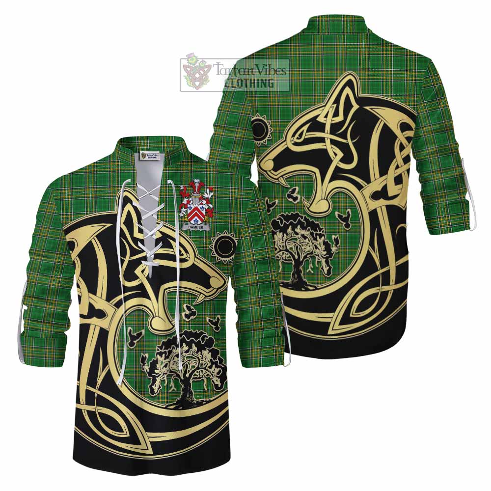 Tartan Vibes Clothing Bamber Irish Tartan Ghillie Kilt Shirt with Coat of Arms Celtic Wolf Style