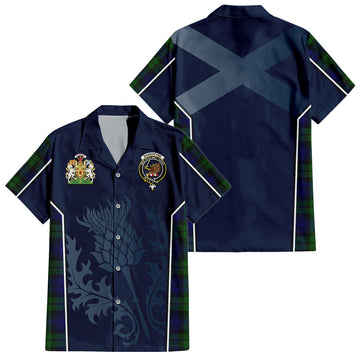 Bannatyne Tartan Short Sleeve Button Up Shirt with Family Crest and Scottish Thistle Vibes Sport Style