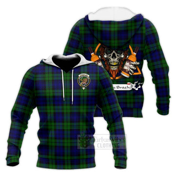 Bannatyne Tartan Knitted Hoodie with Family Crest and Bearded Skull Holding Bottles of Whiskey