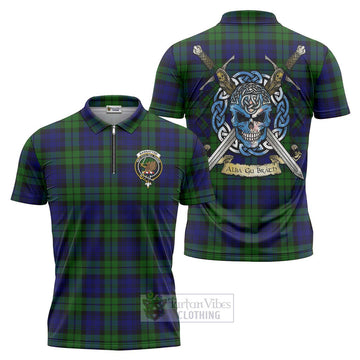 Bannatyne Tartan Zipper Polo Shirt with Family Crest Celtic Skull Style Unisex - Tartan Vibes Clothing