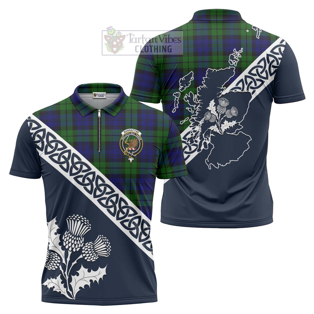 Bannatyne Tartan Zipper Polo Shirt Featuring Thistle and Scotland Map Unisex - Tartanvibesclothing Store