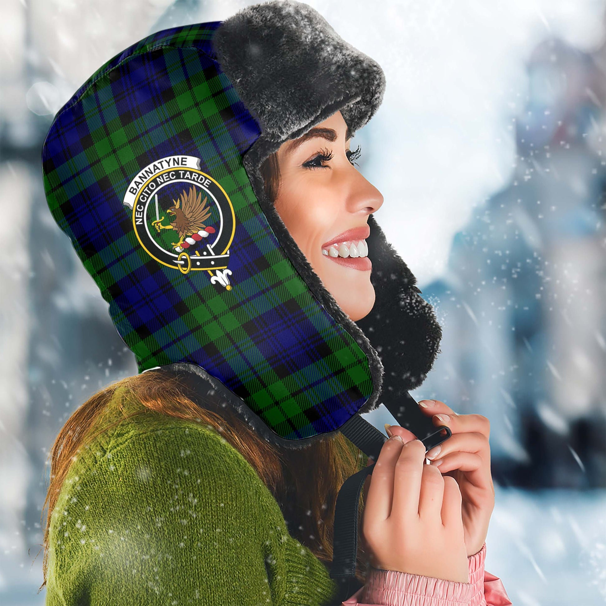 Bannatyne Tartan Winter Trapper Hat with Family Crest Winter Trapper Hat Universal Fit Circumference 22.8in (58cm) - Tartanvibesclothing