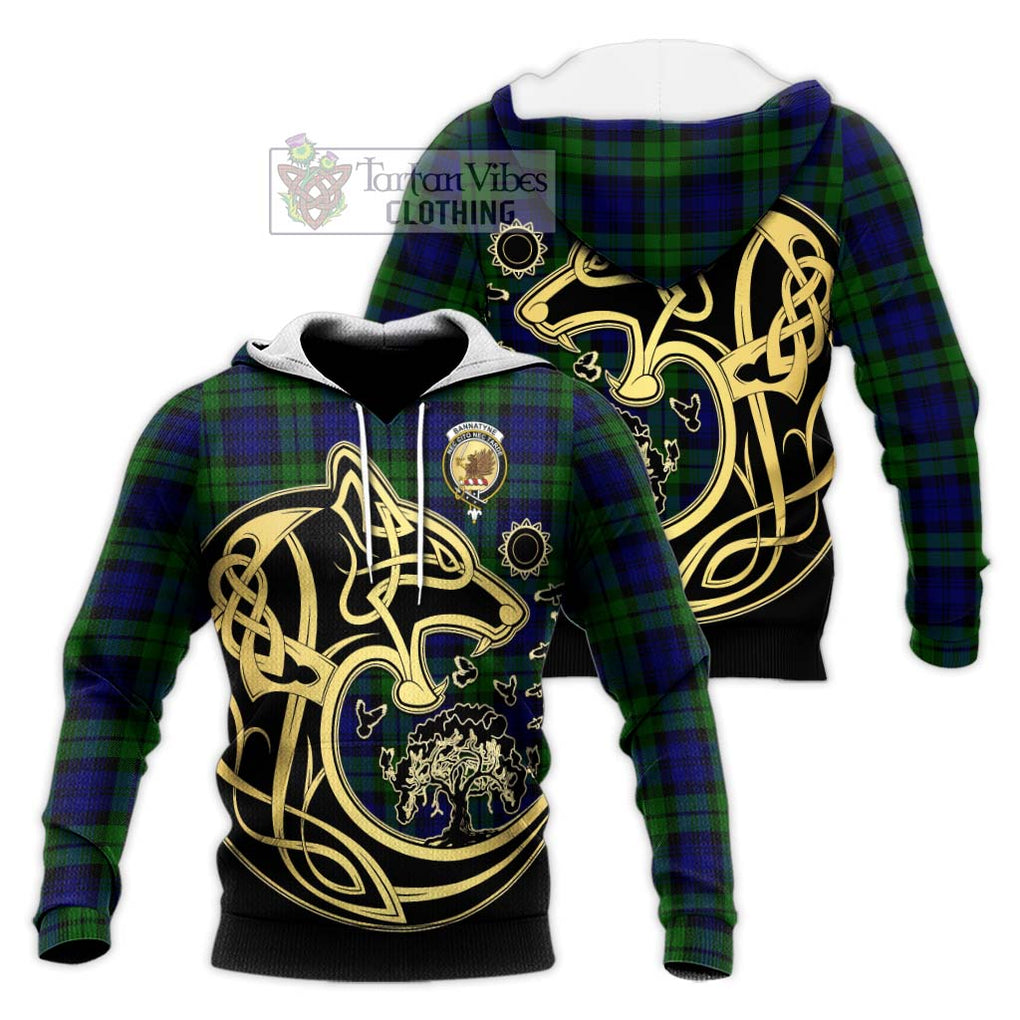 Bannatyne Tartan Knitted Hoodie with Family Crest Celtic Wolf Style Unisex Knitted Pullover Hoodie - Tartan Vibes Clothing