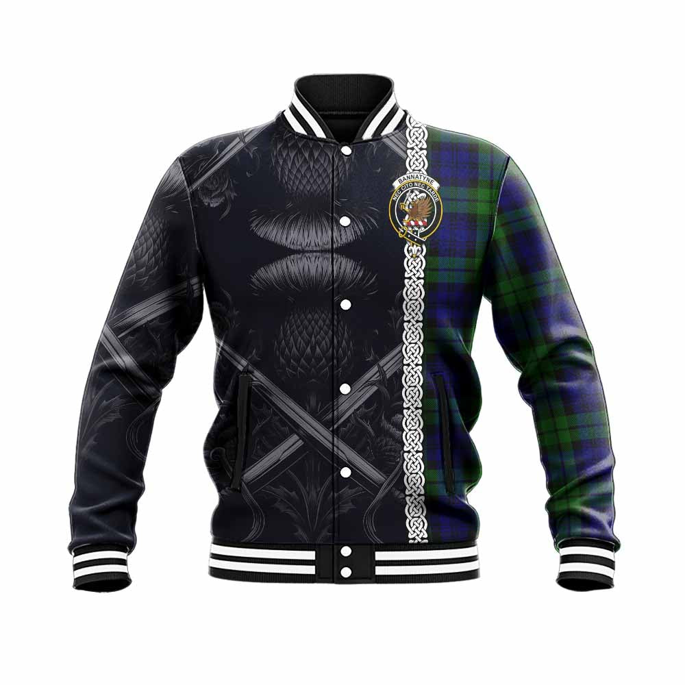 Bannatyne Tartan Baseball Jacket with Family Crest Cross Sword Thistle Celtic Vibes Unisex - Tartan Vibes Clothing