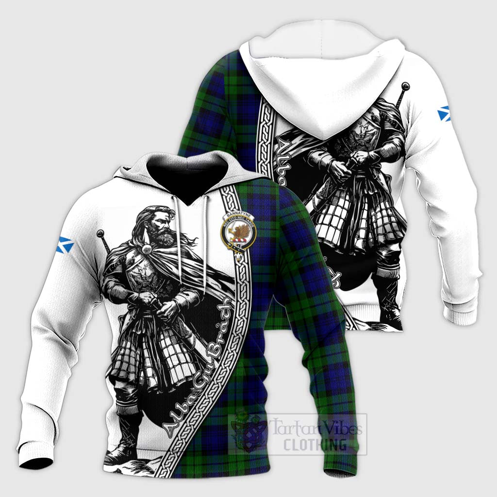 Tartan Vibes Clothing Bannatyne Tartan Clan Crest Knitted Hoodie with Highlander Warrior Celtic Style