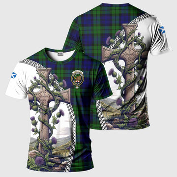 Bannatyne Tartan T-Shirt with Family Crest and St. Andrew's Cross Accented by Thistle Vines