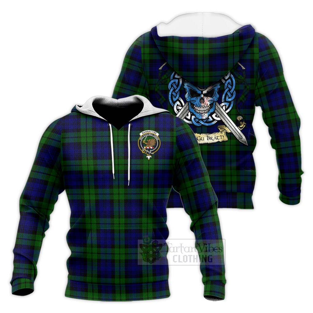 Tartan Vibes Clothing Bannatyne Tartan Knitted Hoodie with Family Crest Celtic Skull Style