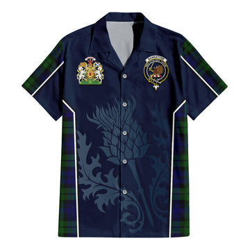 Bannatyne Tartan Short Sleeve Button Up Shirt with Family Crest and Scottish Thistle Vibes Sport Style