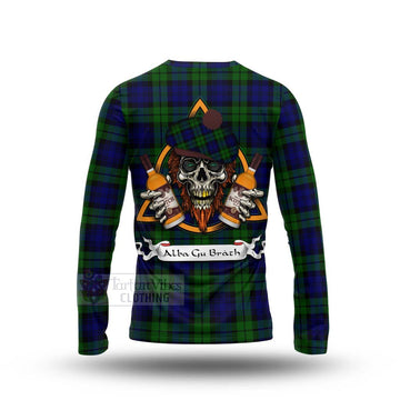 Bannatyne Tartan Long Sleeve T-Shirt with Family Crest and Bearded Skull Holding Bottles of Whiskey - Tartan Vibes Clothing