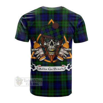 Bannatyne Tartan Cotton T-shirt with Family Crest and Bearded Skull Holding Bottles of Whiskey - Tartan Vibes Clothing