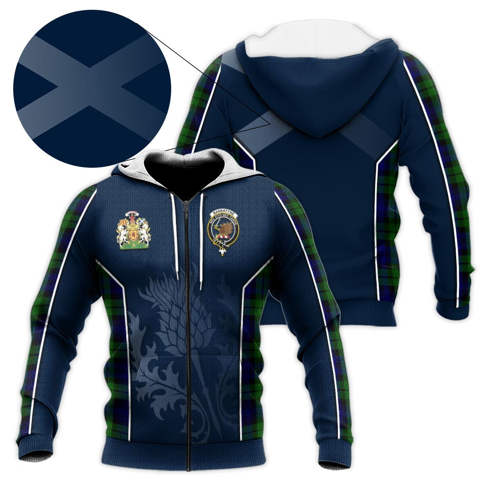 Tartan Vibes Clothing Bannatyne Tartan Knitted Hoodie with Family Crest and Scottish Thistle Vibes Sport Style