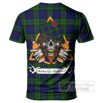 Bannatyne Tartan T-Shirt with Family Crest and Bearded Skull Holding Bottles of Whiskey - Tartan Vibes Clothing