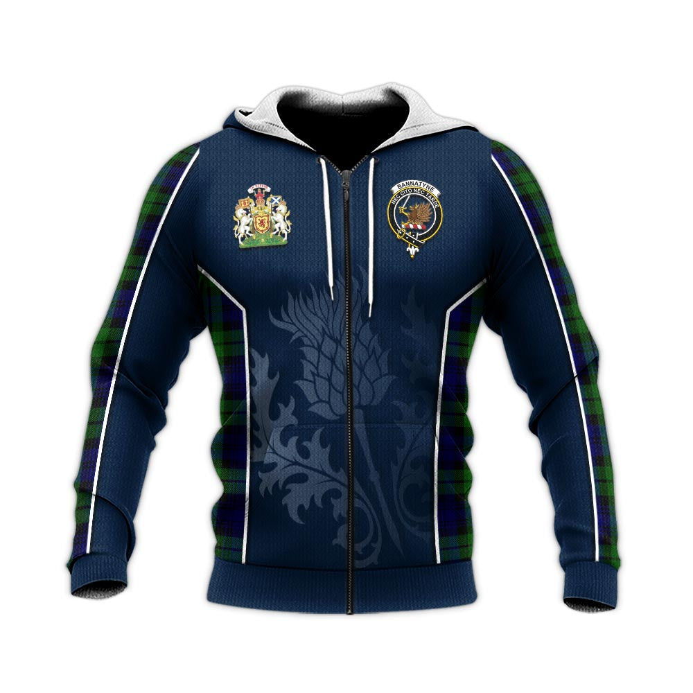 Tartan Vibes Clothing Bannatyne Tartan Knitted Hoodie with Family Crest and Scottish Thistle Vibes Sport Style