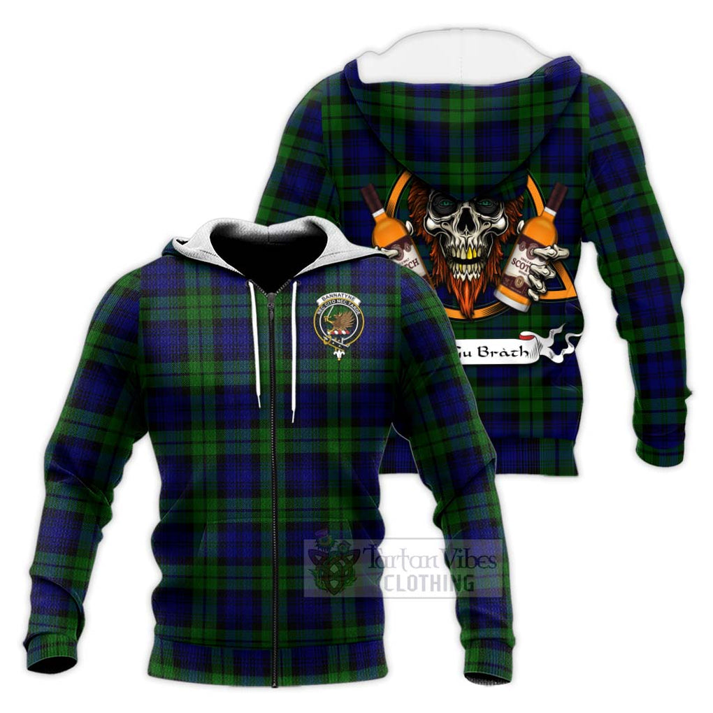 Tartan Vibes Clothing Bannatyne Tartan Knitted Hoodie with Family Crest and Bearded Skull Holding Bottles of Whiskey