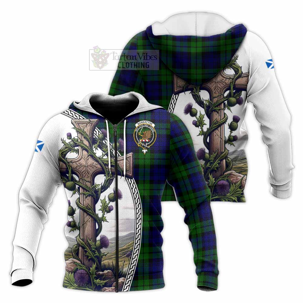 Tartan Vibes Clothing Bannatyne Tartan Knitted Hoodie with Family Crest and St. Andrew's Cross Accented by Thistle Vines