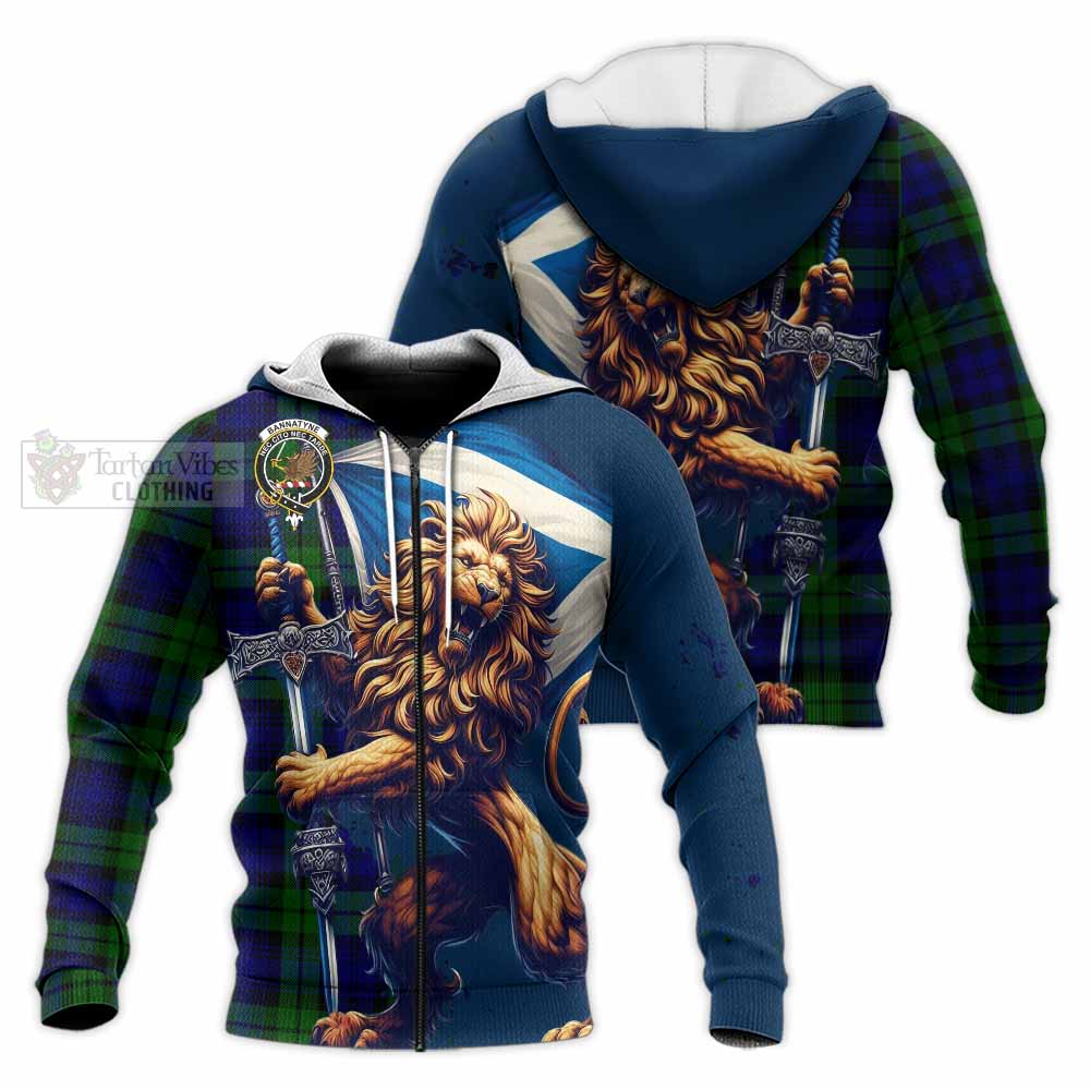 Tartan Vibes Clothing Bannatyne Tartan Family Crest Knitted Hoodie with Scottish Majestic Lion