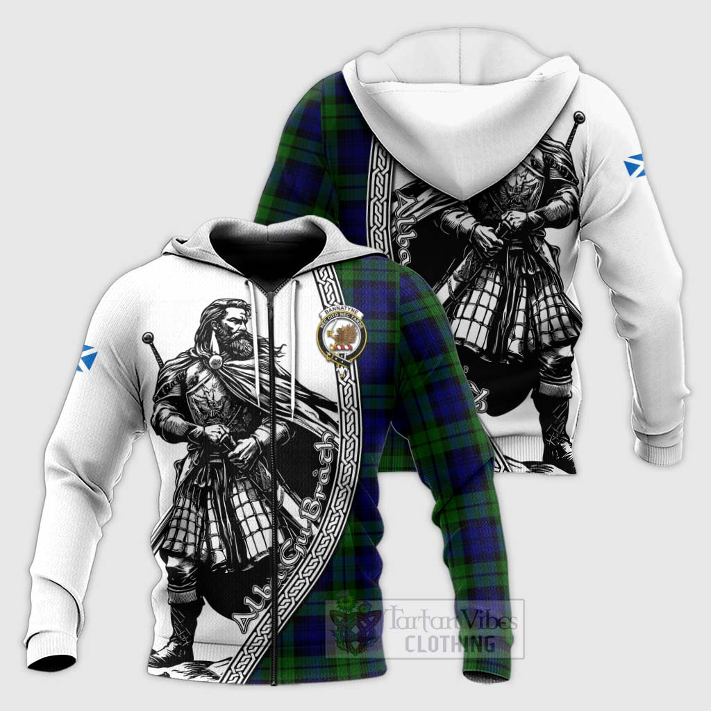 Tartan Vibes Clothing Bannatyne Tartan Clan Crest Knitted Hoodie with Highlander Warrior Celtic Style