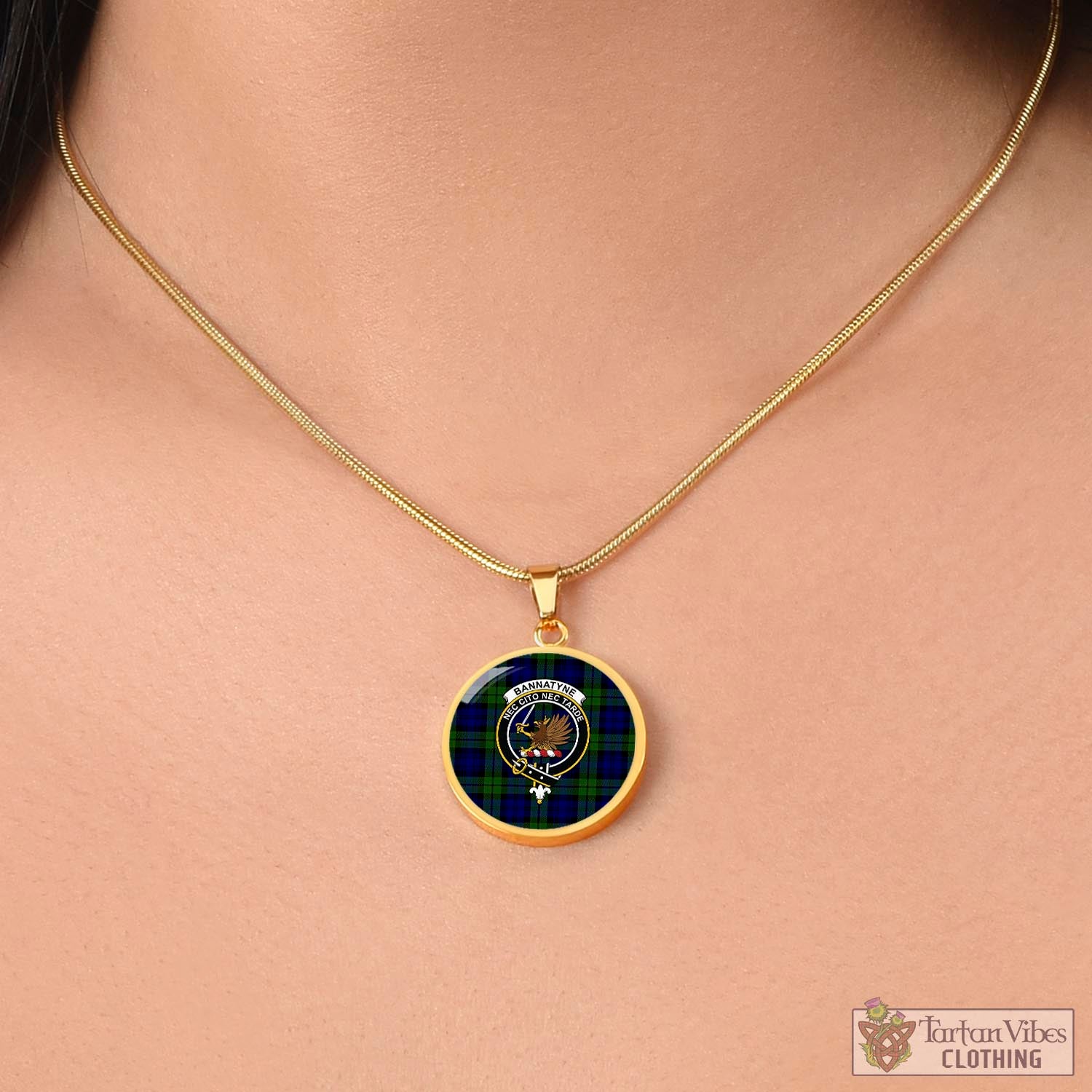 Tartan Vibes Clothing Bannatyne Tartan Circle Necklace with Family Crest