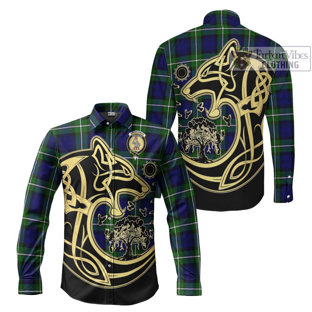 Bannerman Tartan Long Sleeve Button Shirt with Family Crest Celtic Wolf Style Men's Shirt S - Tartan Vibes Clothing