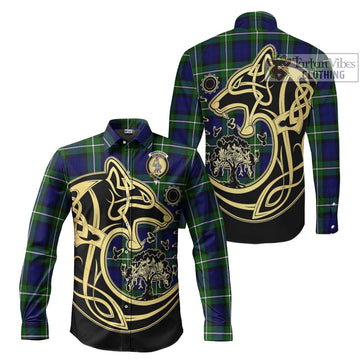 Bannerman Tartan Long Sleeve Button Shirt with Family Crest Celtic Wolf Style