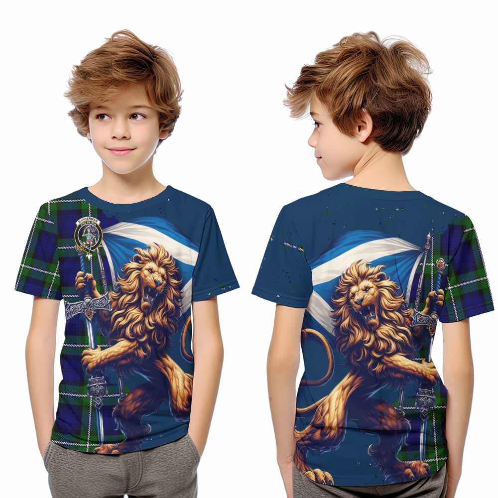 Tartan Vibes Clothing Bannerman Tartan Family Crest Kid T-Shirt with Scottish Majestic Lion