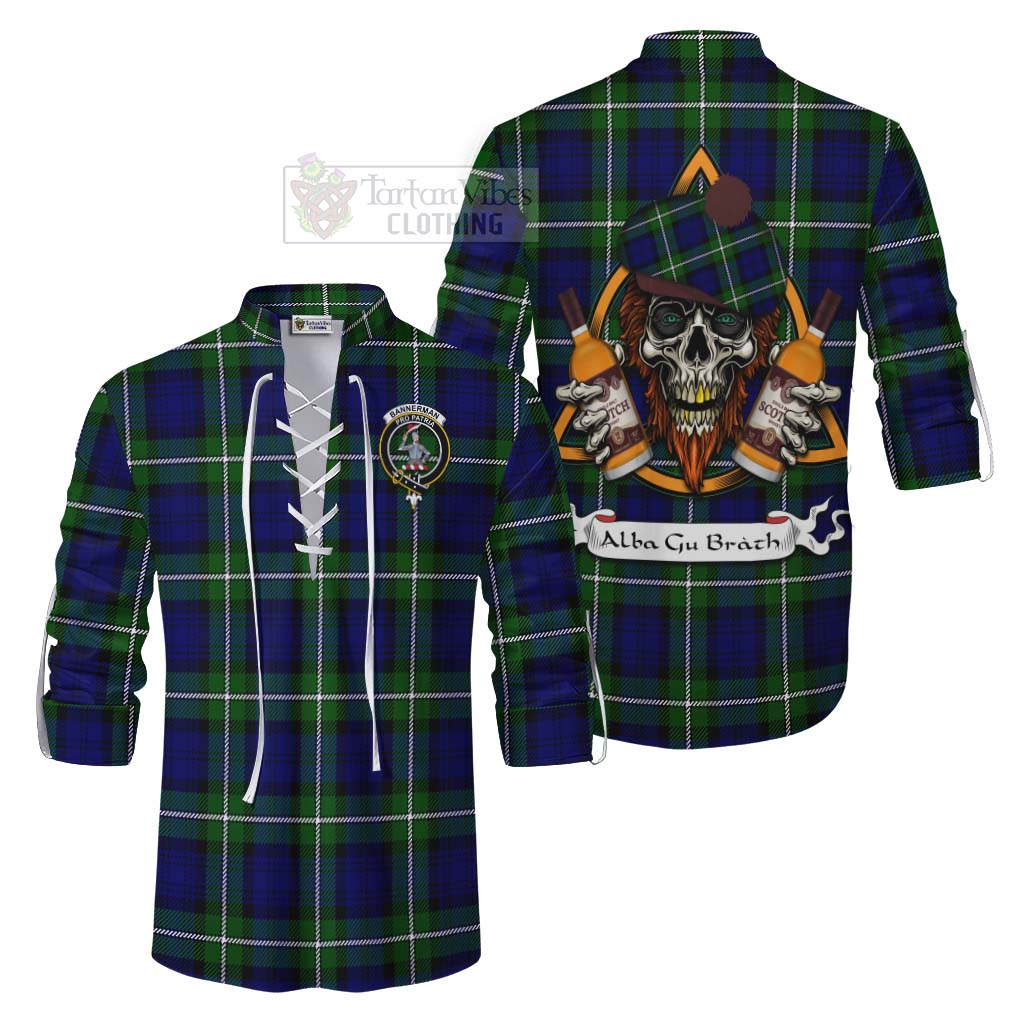 Tartan Vibes Clothing Bannerman Tartan Ghillie Kilt Shirt with Family Crest and Bearded Skull Holding Bottles of Whiskey