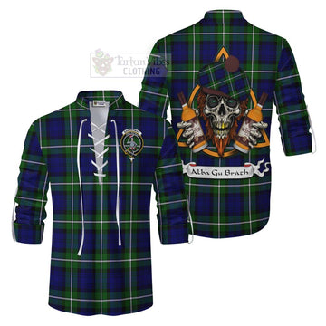 Bannerman Tartan Ghillie Kilt Shirt with Family Crest and Bearded Skull Holding Bottles of Whiskey