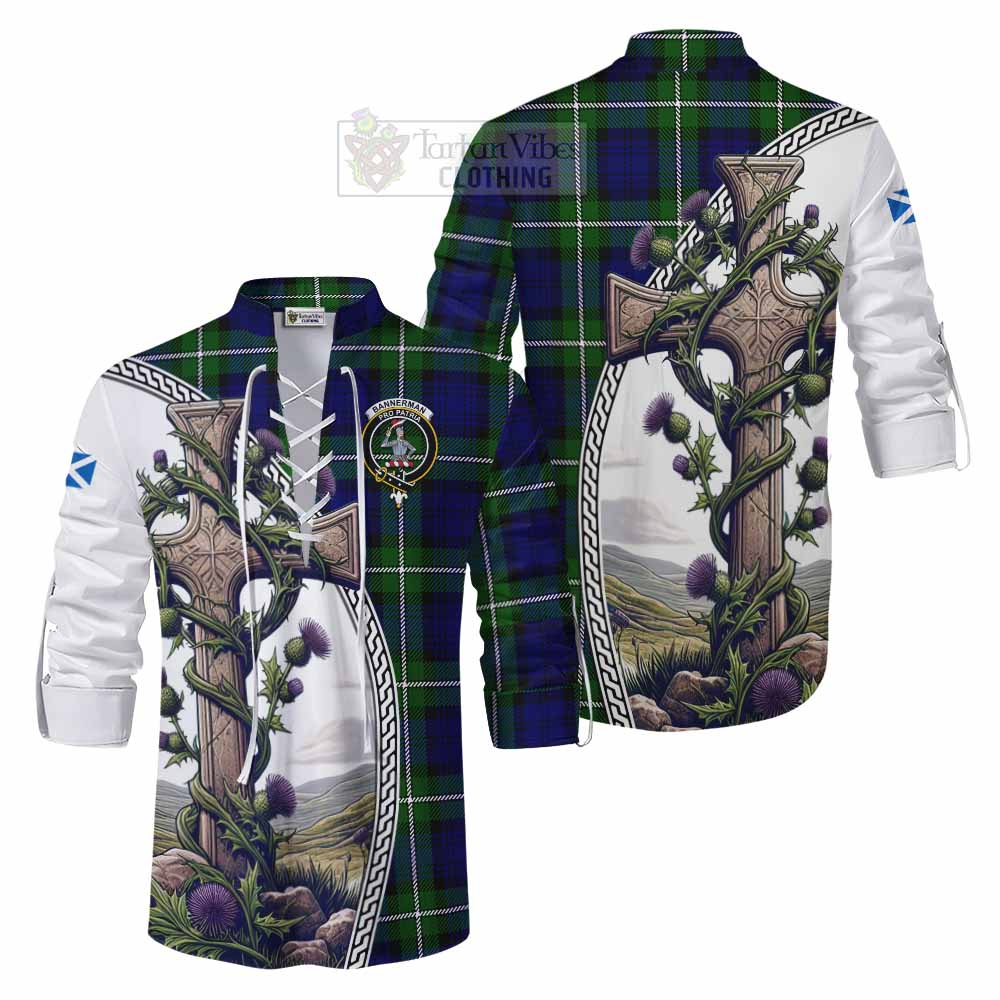 Tartan Vibes Clothing Bannerman Tartan Ghillie Kilt Shirt with Family Crest and St. Andrew's Cross Accented by Thistle Vines