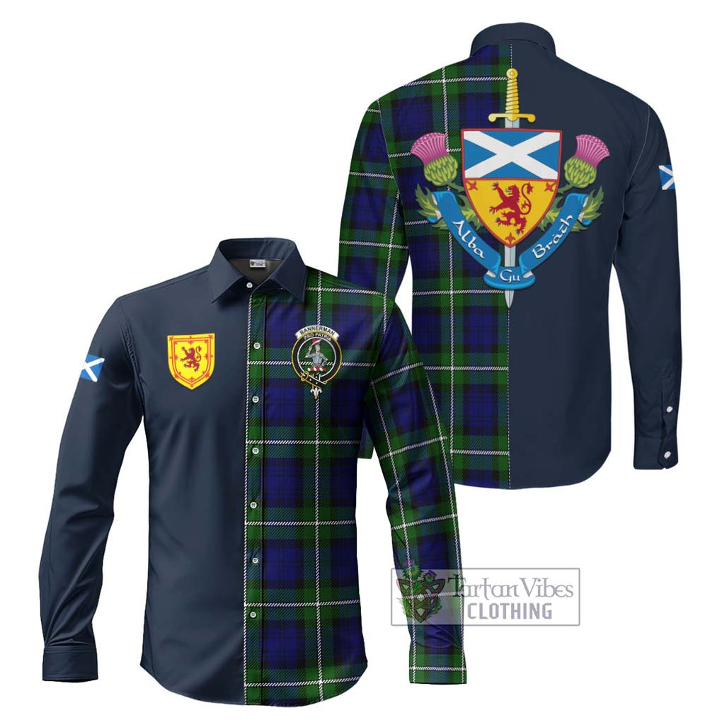 Tartan Vibes Clothing Bannerman Tartan Long Sleeve Button Shirt with Scottish Lion Royal Arm Half Style