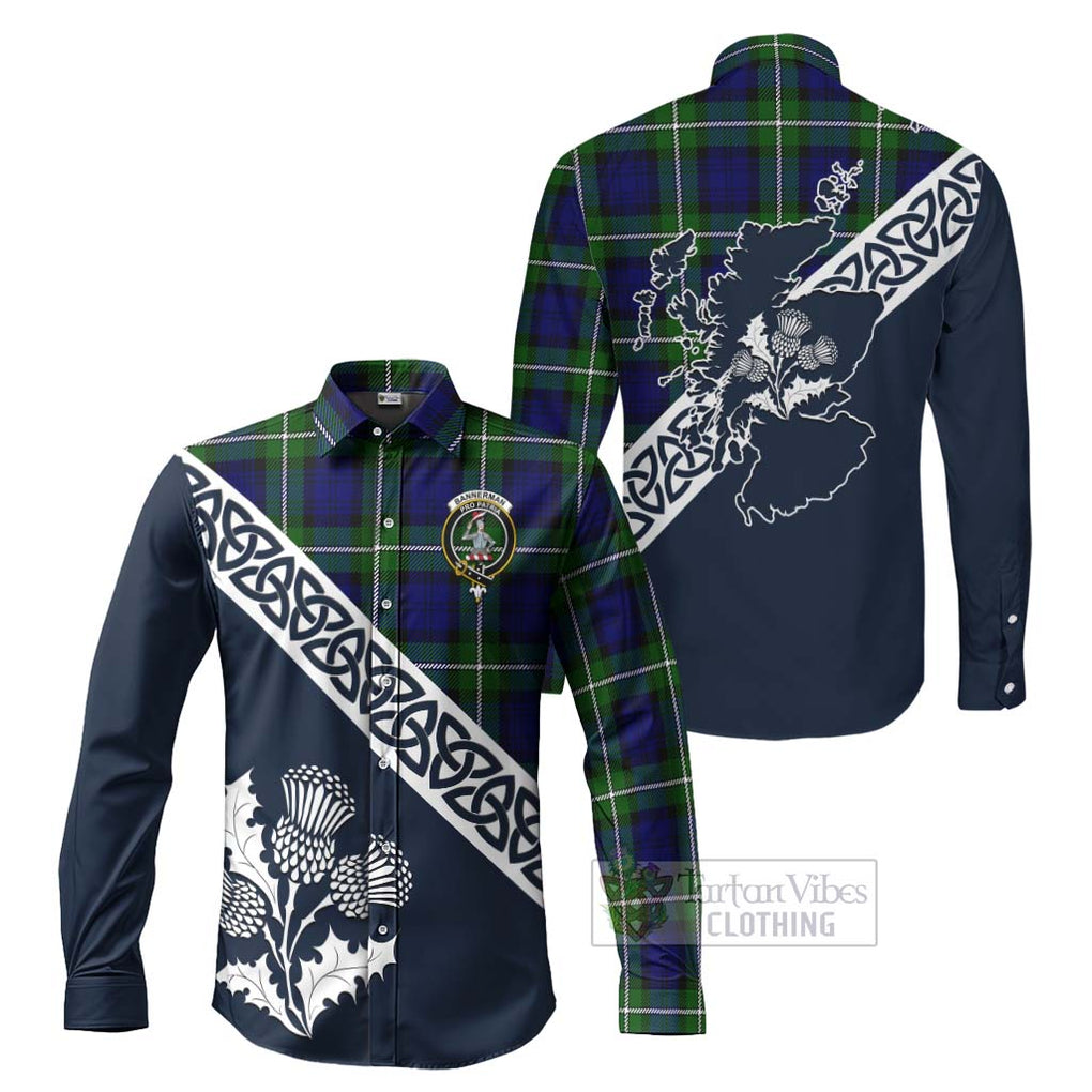 Tartan Vibes Clothing Bannerman Tartan Long Sleeve Button Shirt Featuring Thistle and Scotland Map