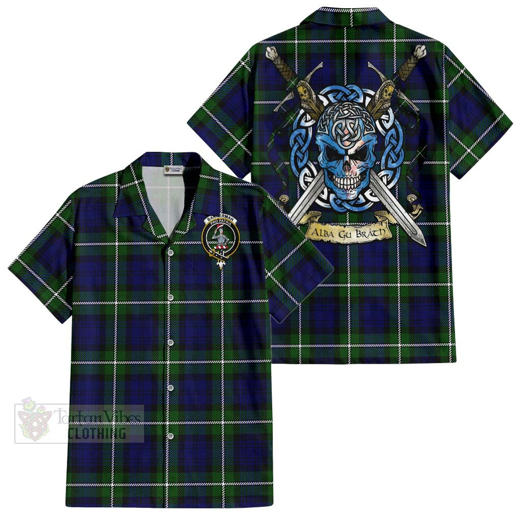 Tartan Vibes Clothing Bannerman Tartan Short Sleeve Button Shirt with Family Crest Celtic Skull Style