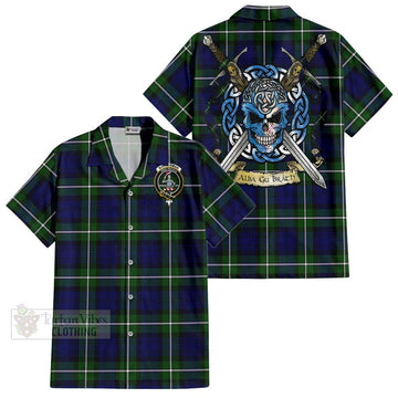 Bannerman Tartan Short Sleeve Button Shirt with Family Crest Celtic Skull Style