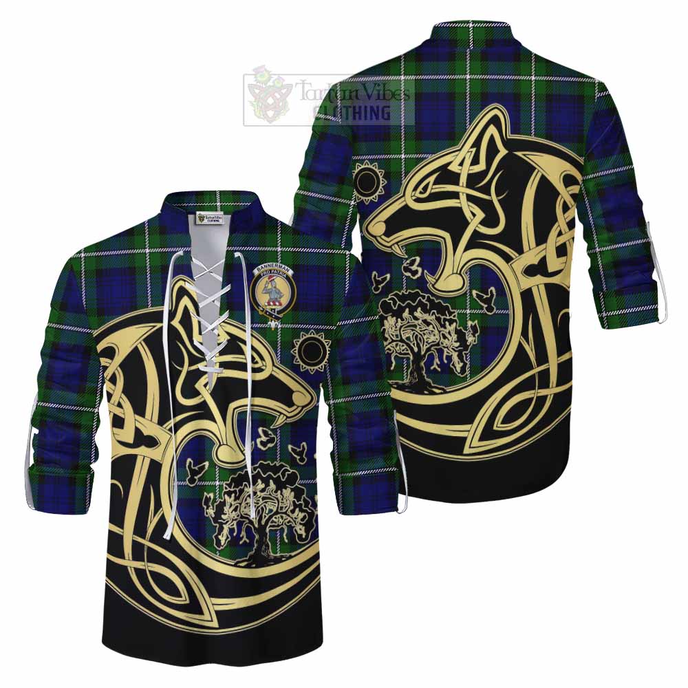 Tartan Vibes Clothing Bannerman Tartan Ghillie Kilt Shirt with Family Crest Celtic Wolf Style