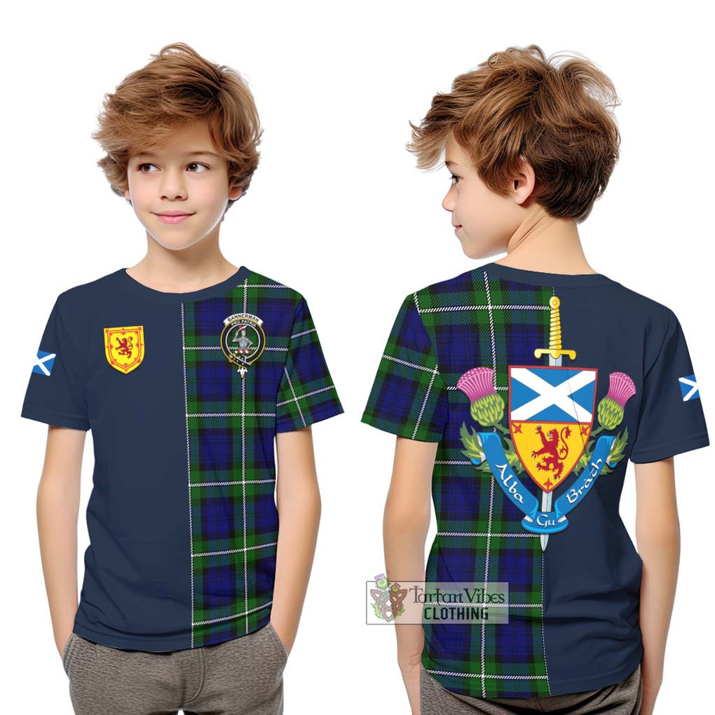 Tartan Vibes Clothing Bannerman Tartan Kid T-Shirt with Scottish Lion Royal Arm Half Style