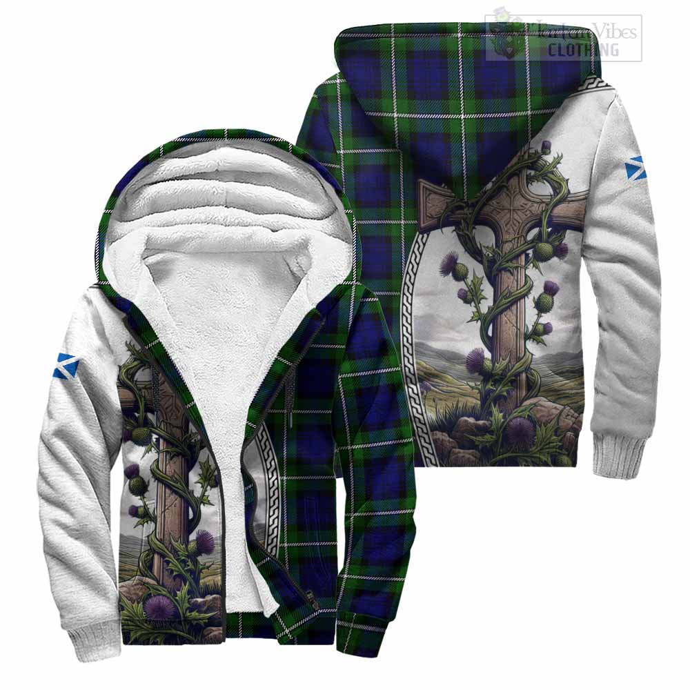 Tartan Vibes Clothing Bannerman Tartan Sherpa Hoodie with Family Crest and St. Andrew's Cross Accented by Thistle Vines