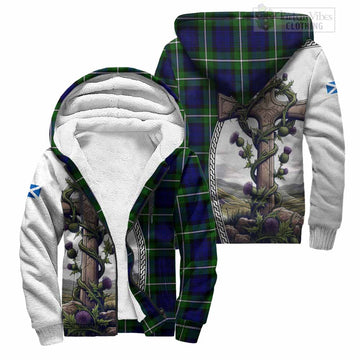 Bannerman Tartan Sherpa Hoodie with Family Crest and St. Andrew's Cross Accented by Thistle Vines