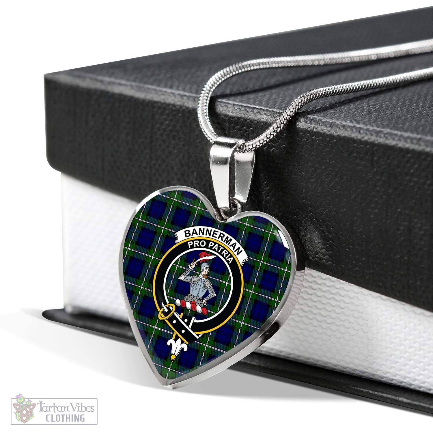 Tartan Vibes Clothing Bannerman Tartan Heart Necklace with Family Crest