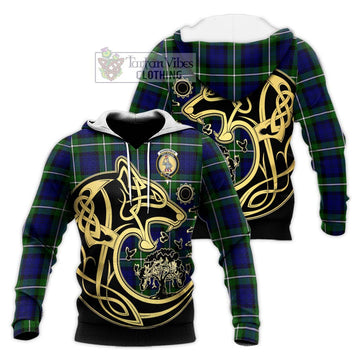 Bannerman Tartan Knitted Hoodie with Family Crest Celtic Wolf Style