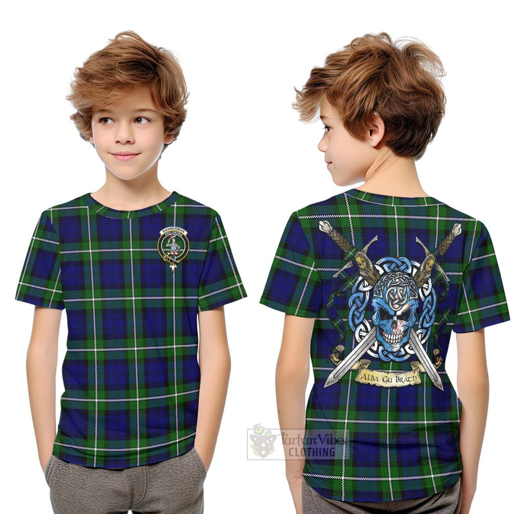 Tartan Vibes Clothing Bannerman Tartan Kid T-Shirt with Family Crest Celtic Skull Style