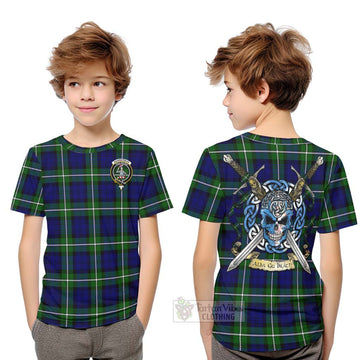 Bannerman Tartan Kid T-Shirt with Family Crest Celtic Skull Style