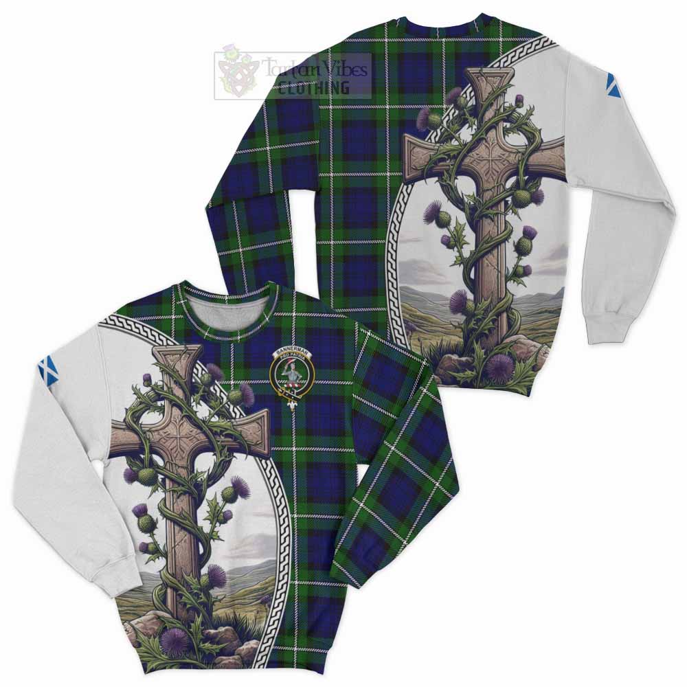 Tartan Vibes Clothing Bannerman Tartan Sweatshirt with Family Crest and St. Andrew's Cross Accented by Thistle Vines