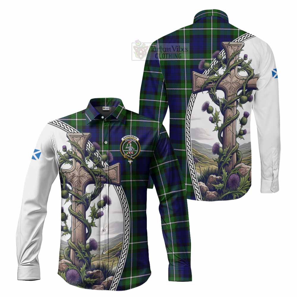 Tartan Vibes Clothing Bannerman Tartan Long Sleeve Button Shirt with Family Crest and St. Andrew's Cross Accented by Thistle Vines