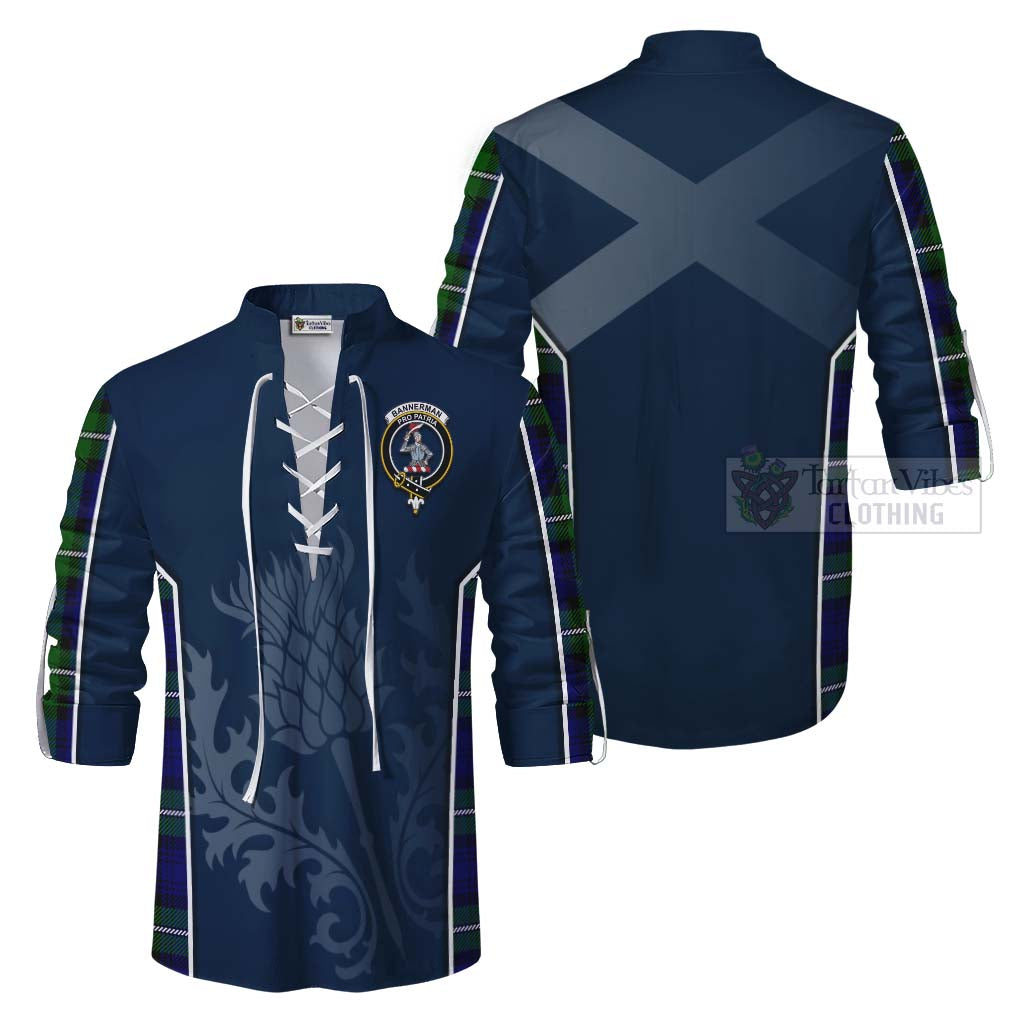 Tartan Vibes Clothing Bannerman Tartan Ghillie Kilt Shirt with Family Crest and Scottish Thistle Vibes Sport Style