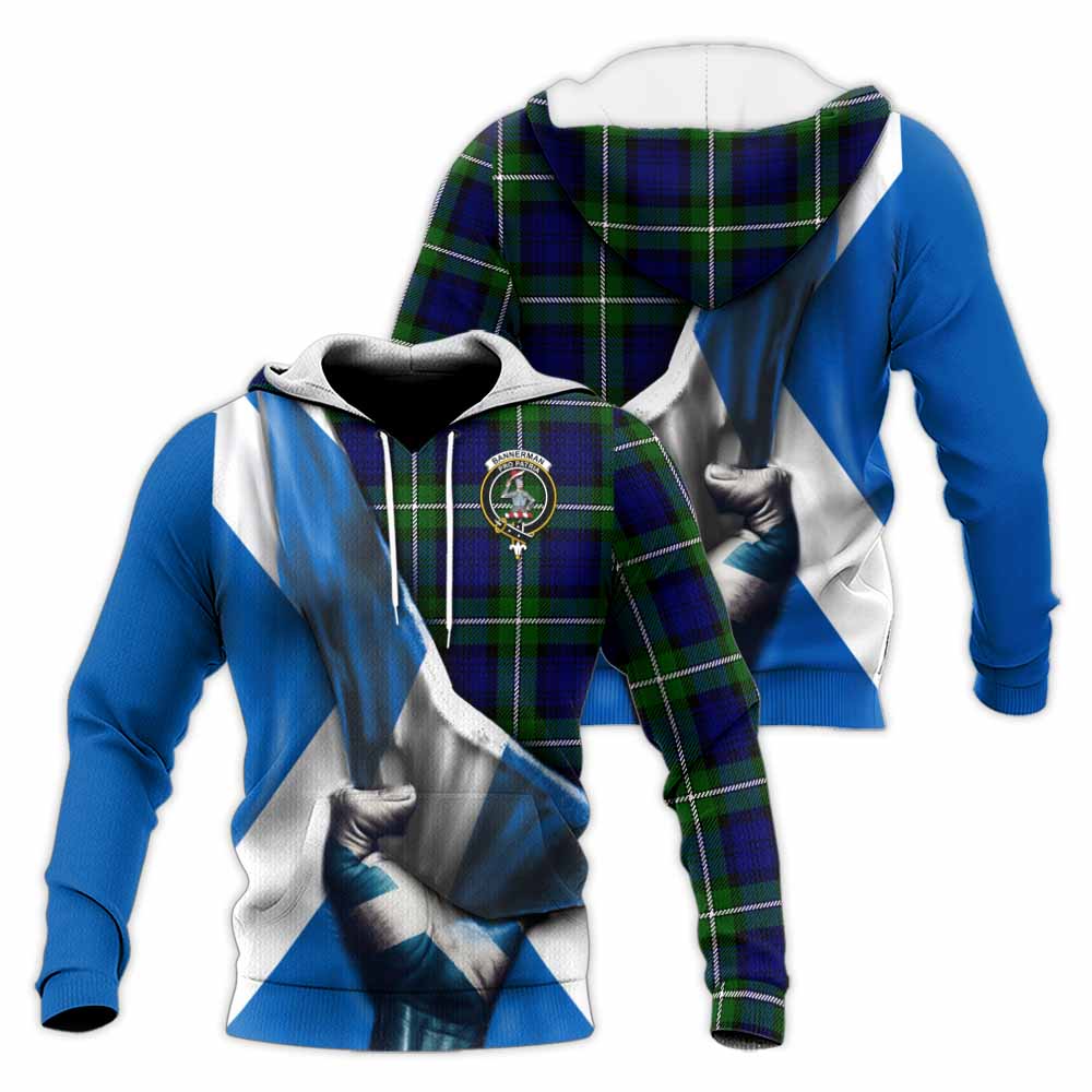 Tartan Vibes Clothing Bannerman Tartan Knitted Hoodie with Family Crest Scotland Patriotic Style