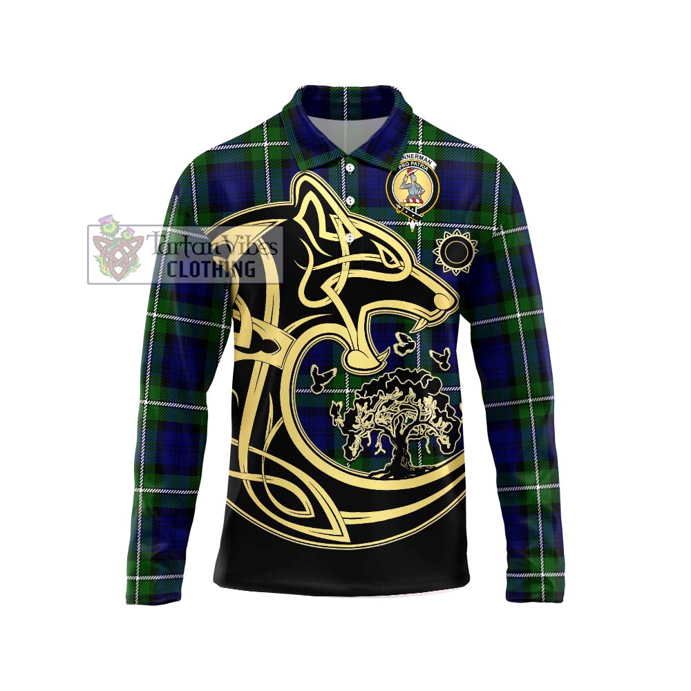 Bannerman Tartan Long Sleeve Polo Shirt with Family Crest Celtic Wolf Style Unisex - Tartanvibesclothing Shop