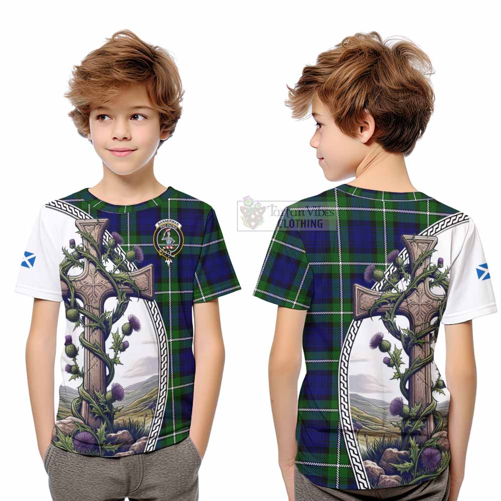 Tartan Vibes Clothing Bannerman Tartan Kid T-Shirt with Family Crest and St. Andrew's Cross Accented by Thistle Vines