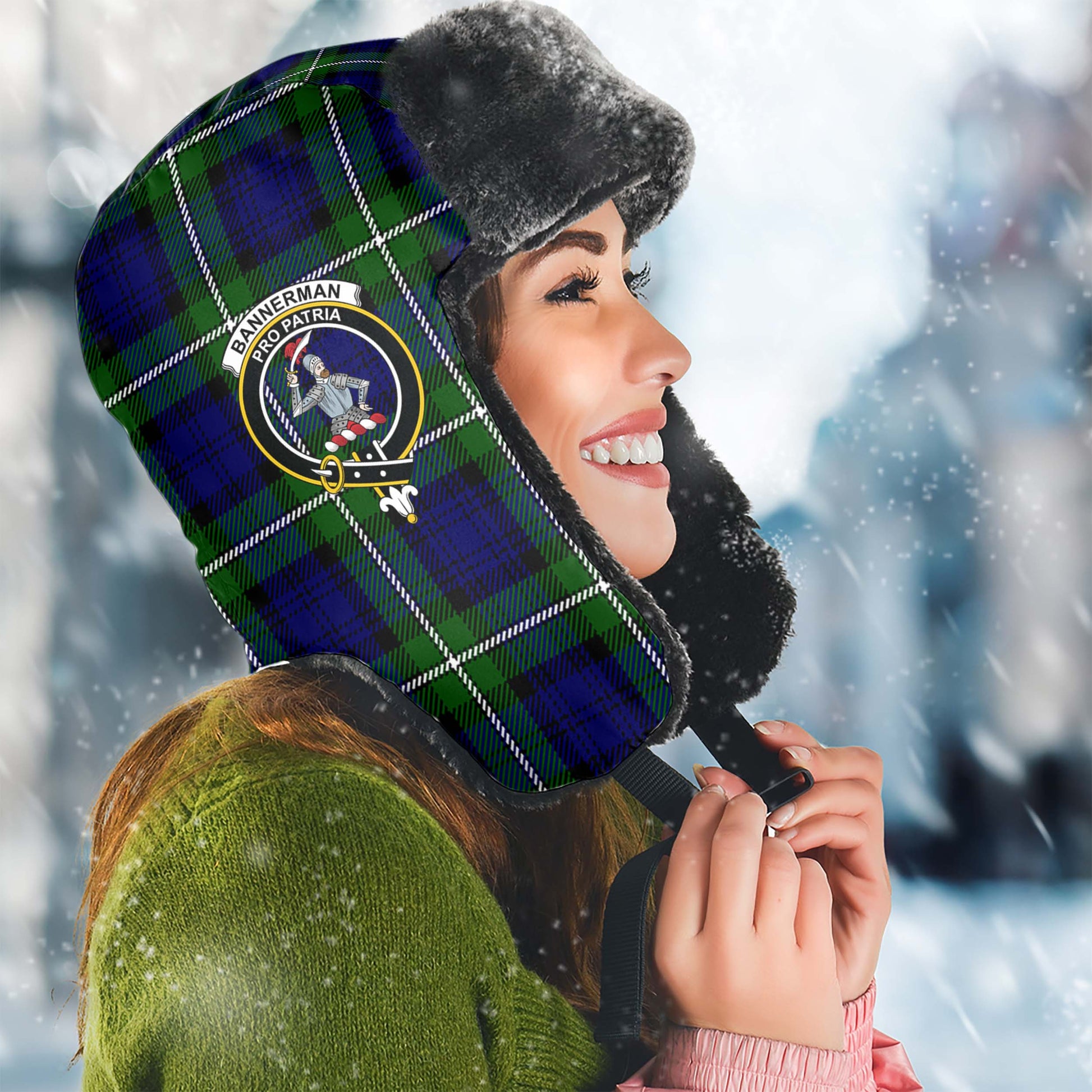 Bannerman Tartan Winter Trapper Hat with Family Crest Winter Trapper Hat Universal Fit Circumference 22.8in (58cm) - Tartanvibesclothing