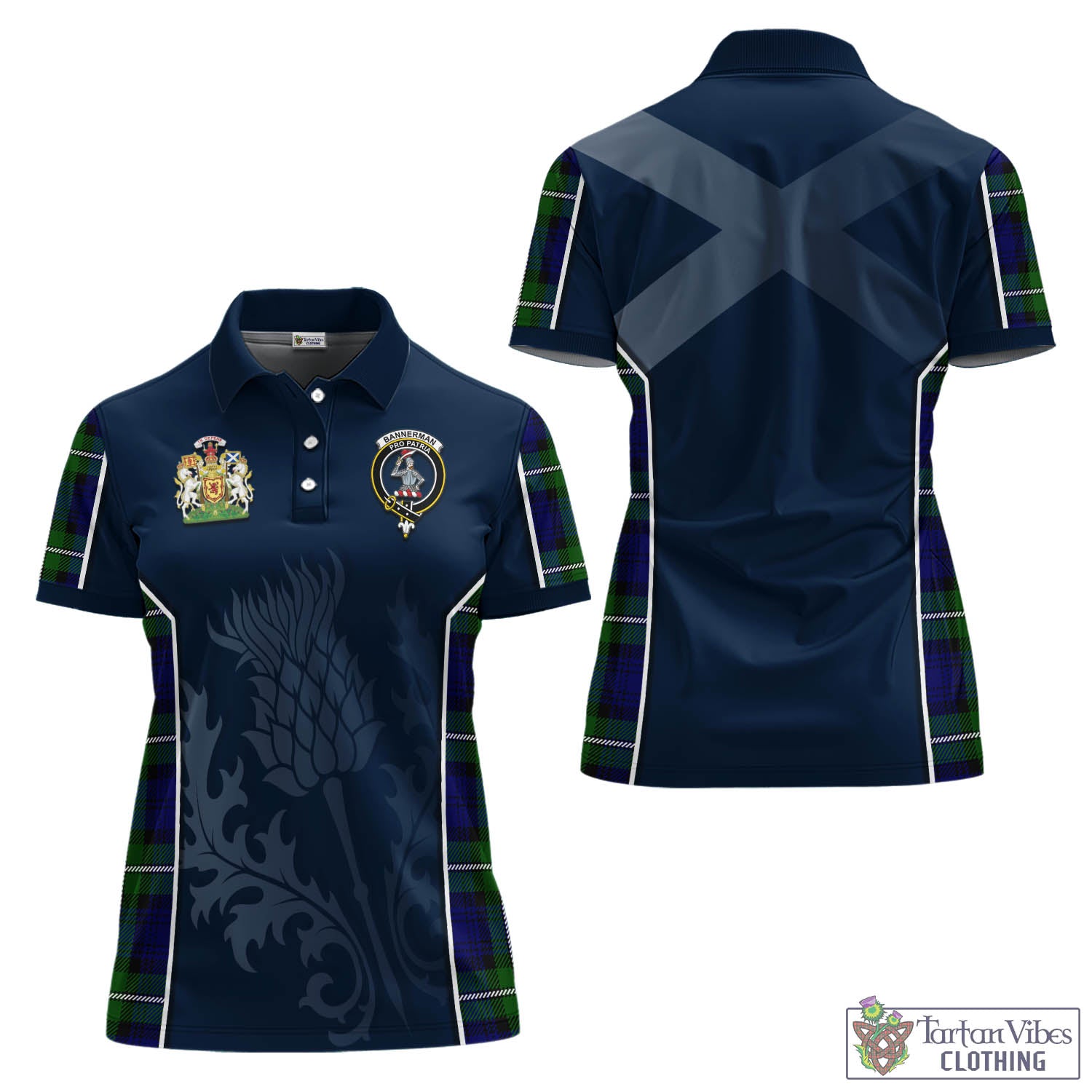 Tartan Vibes Clothing Bannerman Tartan Women's Polo Shirt with Family Crest and Scottish Thistle Vibes Sport Style